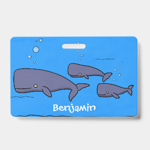 Cute migrating cartoon whales illustration badge
