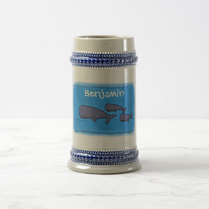 Cute migrating cartoon whales illustration beer stein