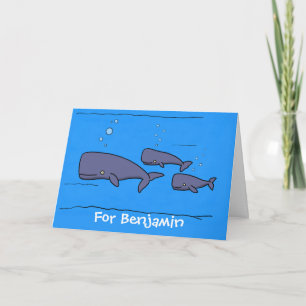 Cute migrating cartoon whales illustration card