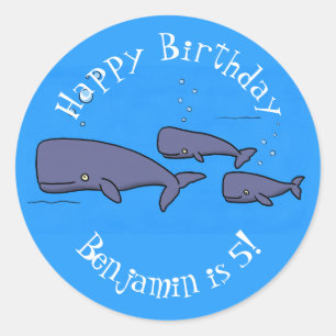 Cute migrating cartoon whales illustration classic round sticker