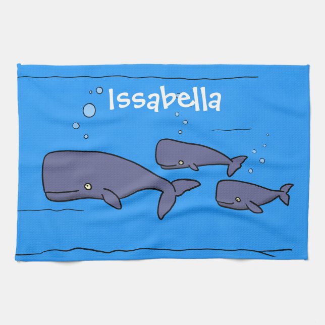 Cute migrating cartoon whales illustration kitchen towel (Horizontal)