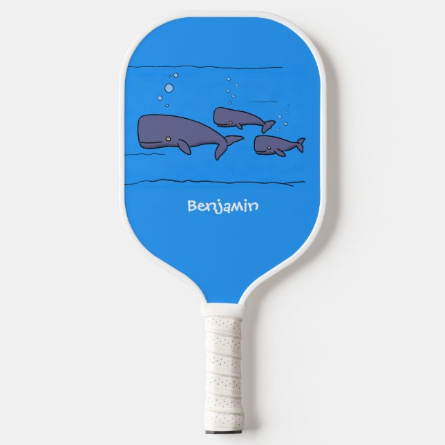 Cute migrating cartoon whales illustration pickleball paddle (Front)