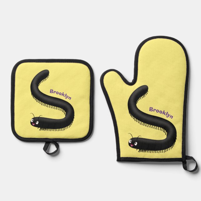 Cute millipede cartoon illustration oven mitt & pot holder set (Front)