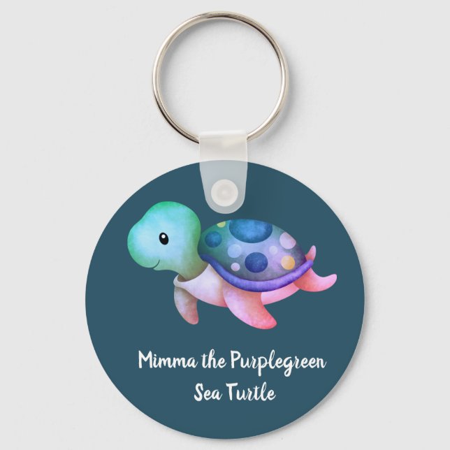 Cute Mimma The Purple Green Sea Turtle Round Keychain (Front)