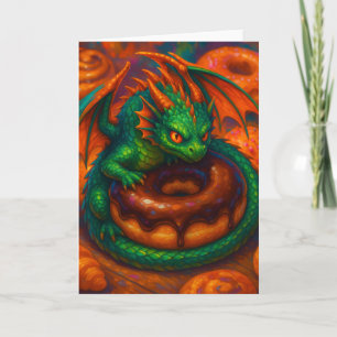 Cute Mini Green Dragon & Doughnut Fantasy Art Card