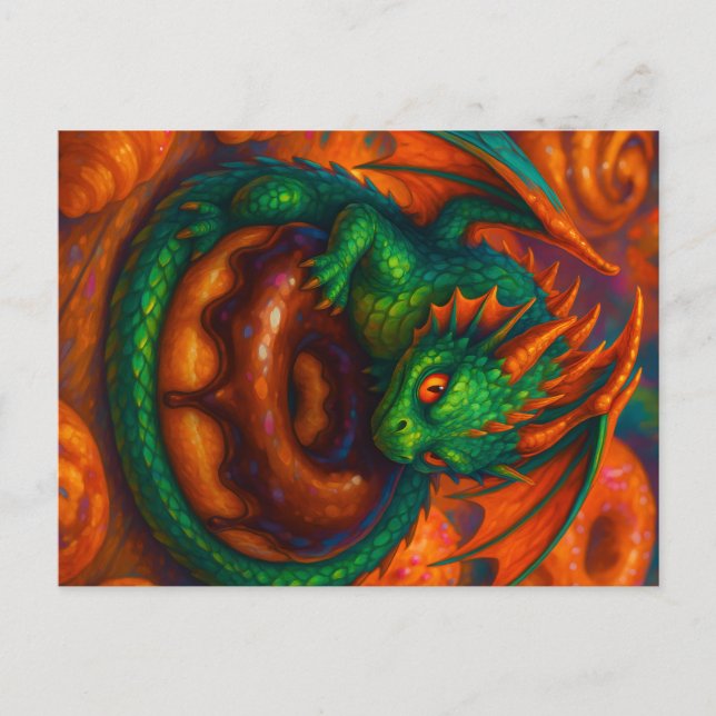 Cute Mini Green Dragon & Doughnut Fantasy Art Postcard (Front)