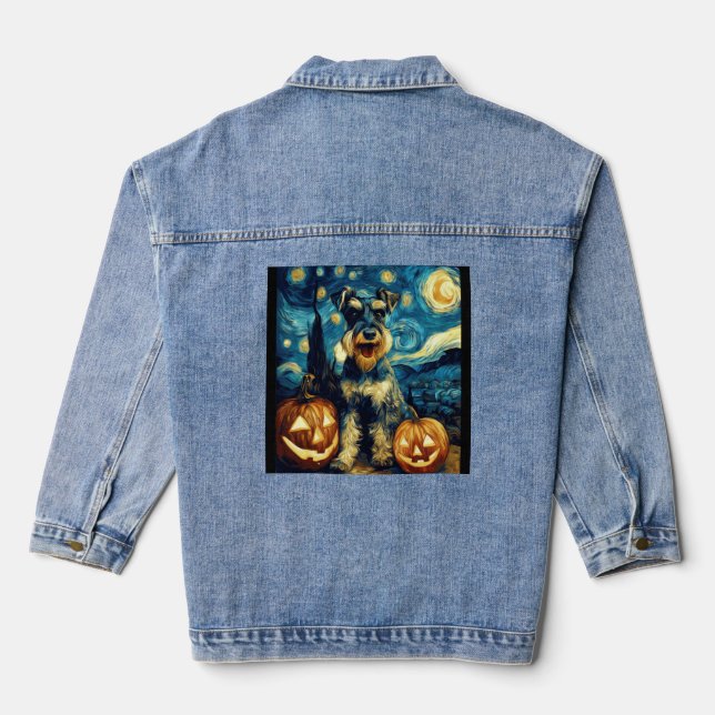 Cute Miniature Schnauzer Dog Halloween Jack O Lant Denim Jacket (Back)