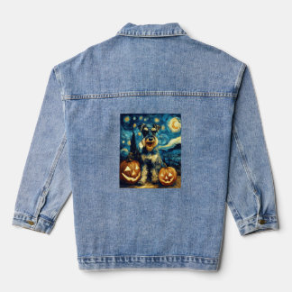 Cute Miniature Schnauzer Dog Halloween Jack O Lant Denim Jacket