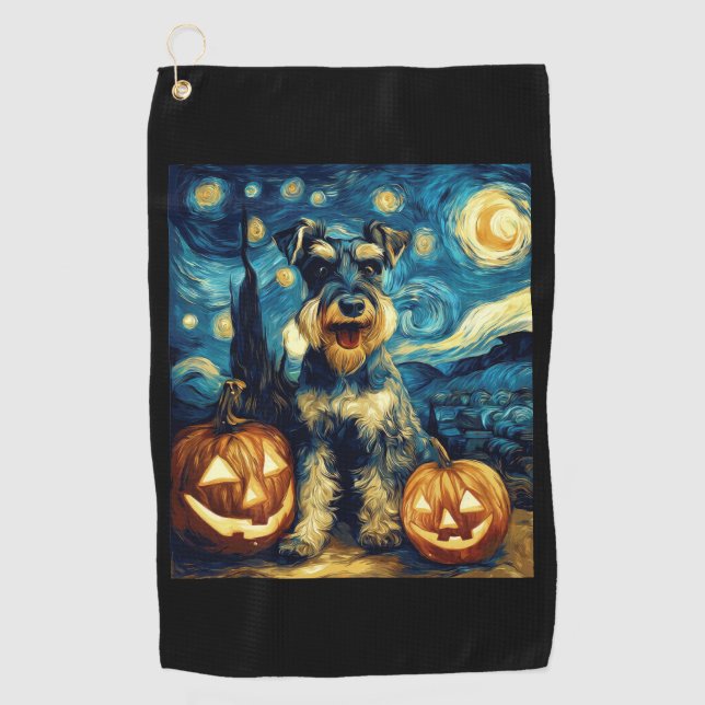 Cute Miniature Schnauzer Dog Halloween Jack O Lant Golf Towel (Front)