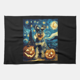 Cute Miniature Schnauzer Dog Halloween Jack O Lant Kitchen Towel