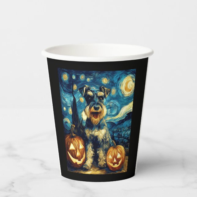 Cute Miniature Schnauzer Dog Halloween Jack O Lant Paper Cups (Front)