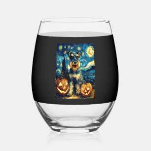 Cute Miniature Schnauzer Dog Halloween Jack O Lant Stemless Wine Glass