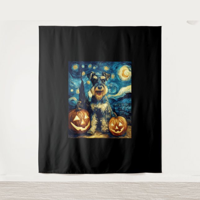 Cute Miniature Schnauzer Dog Halloween Jack O Lant Tapestry (Front)
