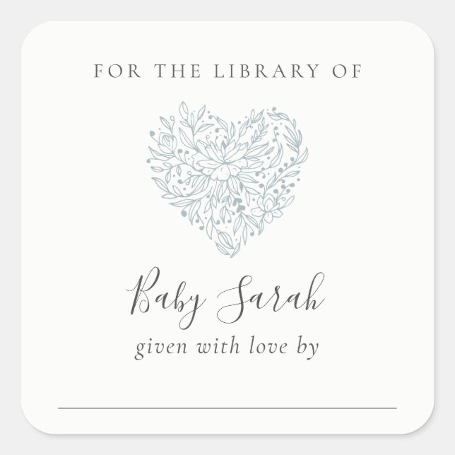 Cute Minimal Dusky Blue Floral Heart Baby Library Square Sticker (Front)