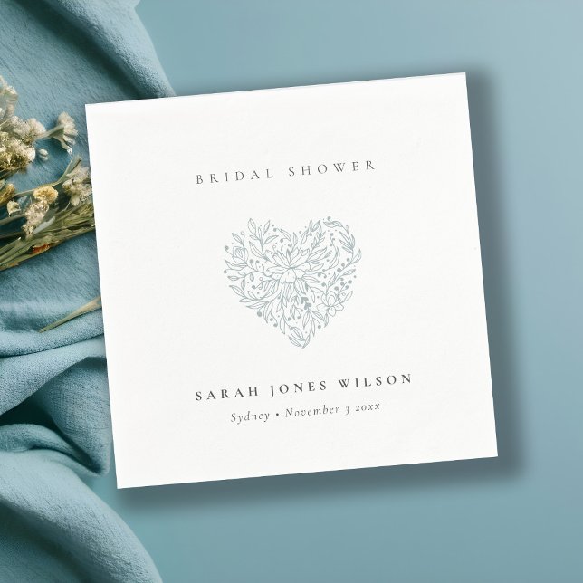 Cute Minimal Dusky Blue Floral Heart Bridal Shower Napkin (Creator Uploaded)