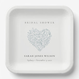 Cute Minimal Dusky Blue Floral Heart Bridal Shower Paper Plate