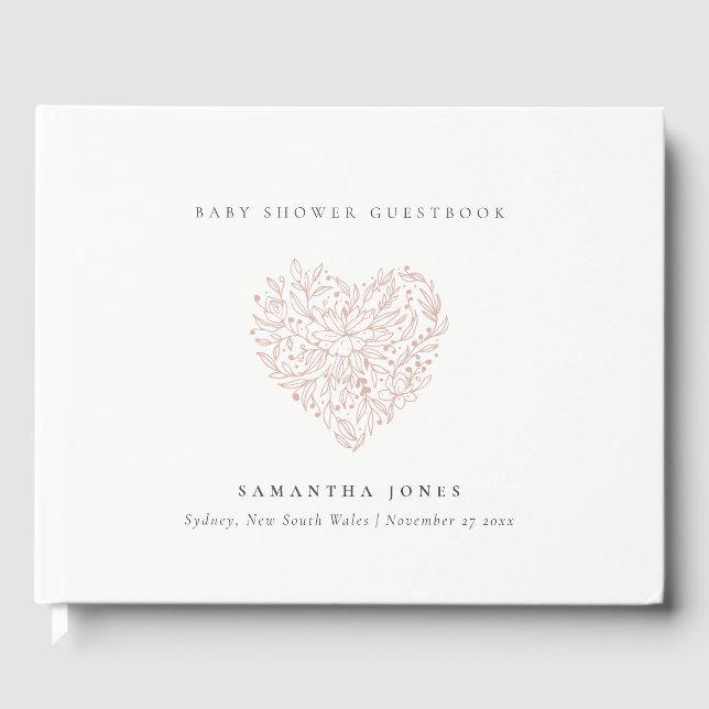Cute Minimal Dusky Blush Floral Heart Baby Shower Guest Book (Front)