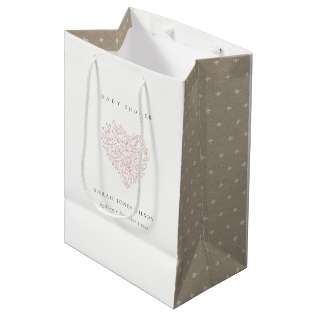 Cute Minimal Dusky Blush Floral Heart Baby Shower Medium Gift Bag (Front Angled)