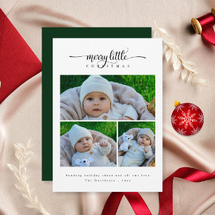 Cute Minimal Merry Little Christmas 3 Photo Green Holiday Card