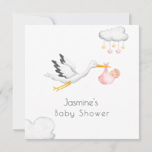 Cute minimal stork pink baby shower invitation