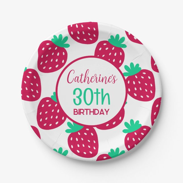 Cute Minimal Strawberry Pattern in Red and Green Paper Plate (Front)