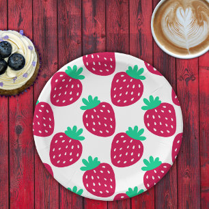 Cute Minimal Strawberry Pattern in Red and Green Paper Plate