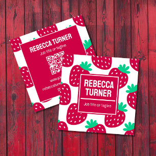 Cute Minimal Strawberry Pattern, QR Code Square Business Card