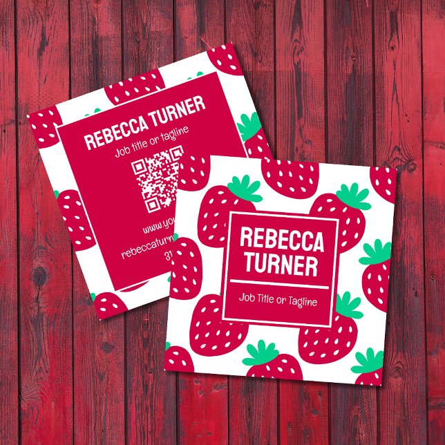 Cute Minimal Strawberry Pattern, QR Code Square Business Card (Creator Uploaded)
