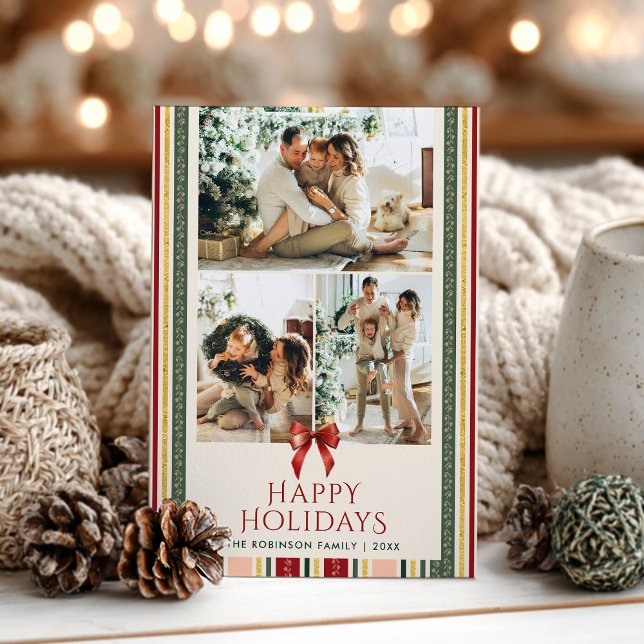 Cute Minimal Stripes & Bow Happy Holidays 2 Photo Holiday Card (Creator Uploaded)