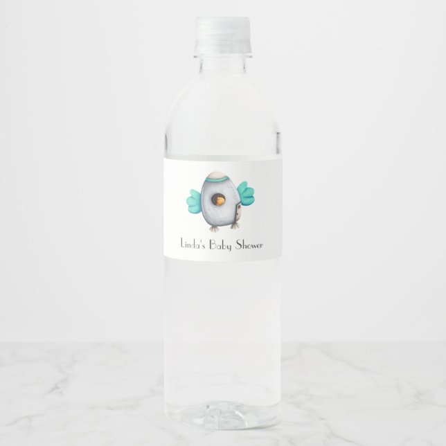 Cute Minimalist Astronaut Bird Baby Shower  Water Bottle Label (Front)