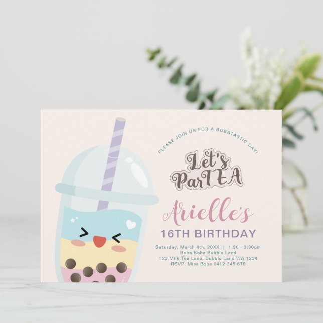 Cute Minimalist Boba Bubble Tea Birthday Invitation (Standing Front)