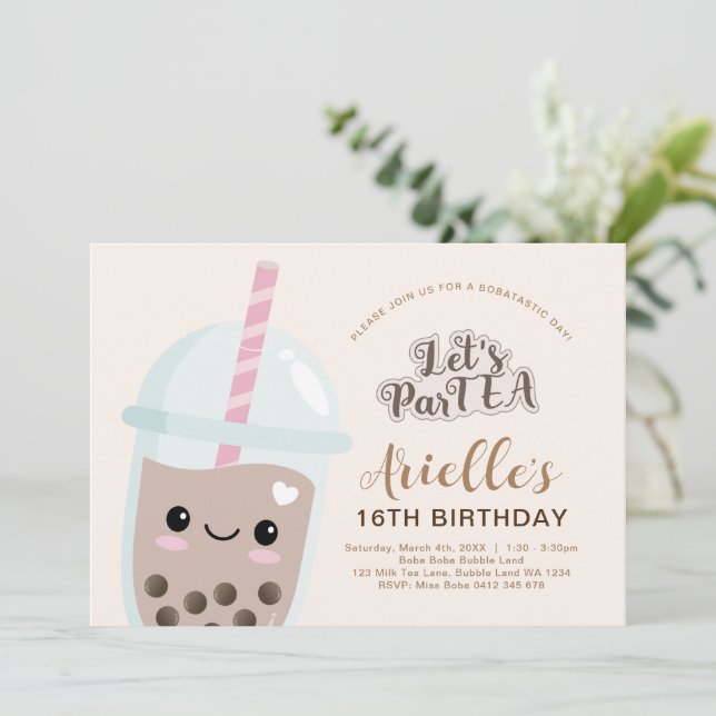 Cute Minimalist Boba Bubble Tea Birthday Invitation (Standing Front)