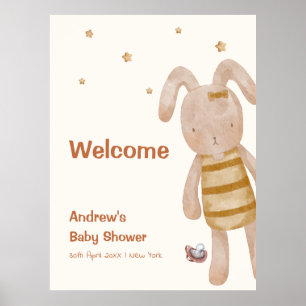 Cute Minimalist Boho Bunny Toy Baby Shower Welcome Poster