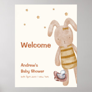 Cute Minimalist Boho Bunny Toy Baby Shower Welcome Poster