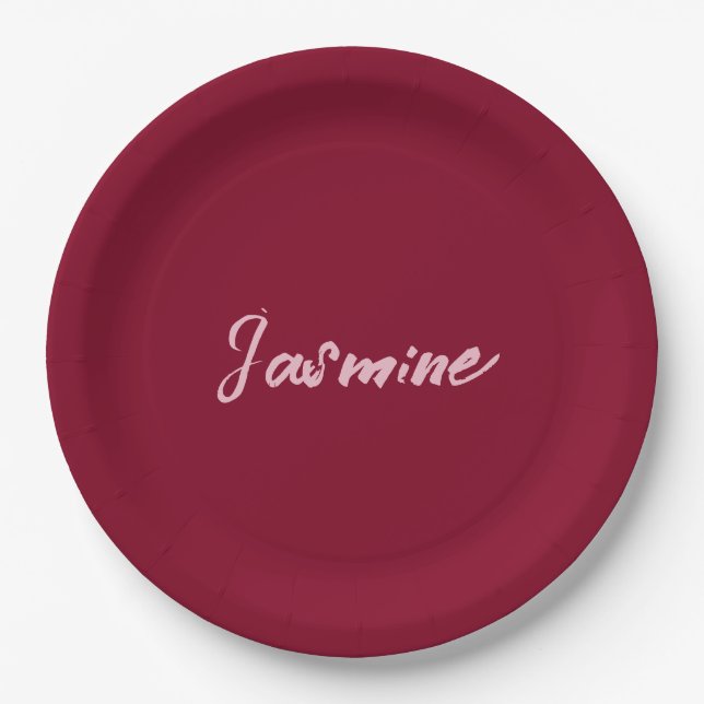 Cute Minimalist Burgundy Red Calligraphy Own Name Paper Plate (Front)