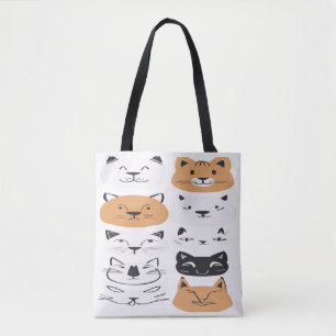 Cute Minimalist Cat Faces Pattern Funny Feline Art Tote Bag