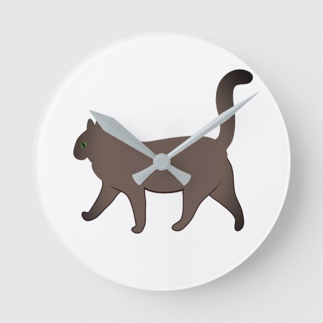 Cute Minimalist Cat Graphic | Simple Walking Cat  Round Clock (Front)