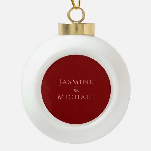 Cute Minimalist Deep Red & Peach Own Name Ceramic Ball Christmas Ornament (Front)