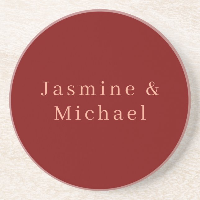 Cute Minimalist Deep Red & Peach Own Name Coaster (Front)