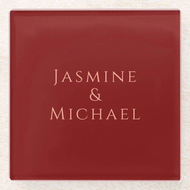 Cute Minimalist Deep Red & Peach Own Name Glass Coaster (Front)