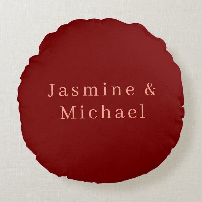 Cute Minimalist Deep Red & Peach Own Name Round Pillow (Front)