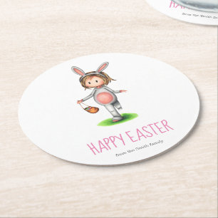 Cute Minimalist Girl in Bunny Costume Easter  Round Paper Coaster