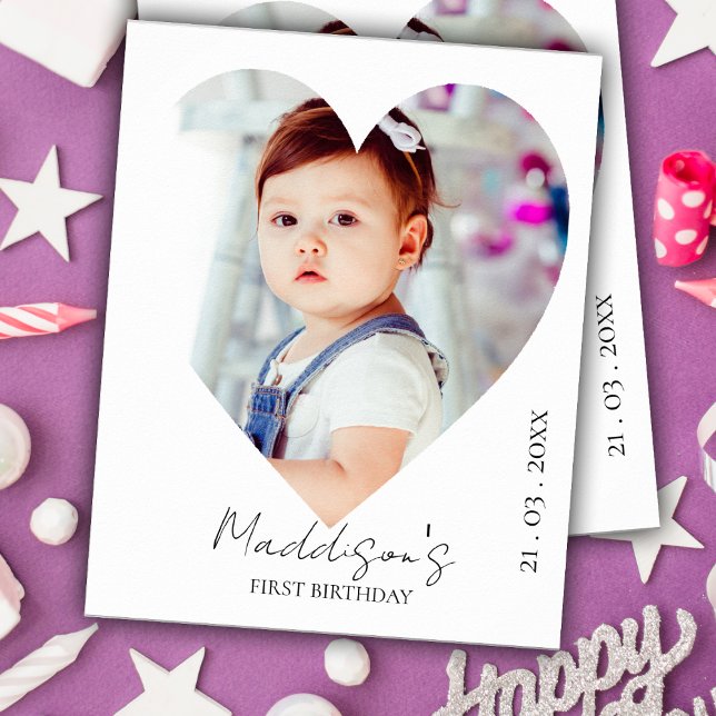 Cute Minimalist Heart Photo First Birthday Party Poster (Cute Minimalist Heart Photo First Birthday Party Poster)