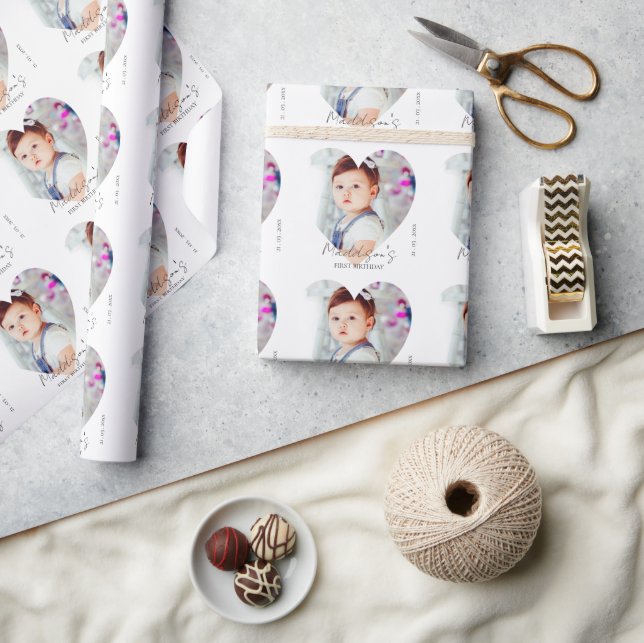 Cute Minimalist Photo First Birthday Party Wrapping Paper (Crafts)