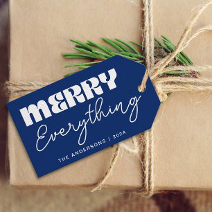 Cute Minimalist Retro Merry Everything Script Blue Gift Tags