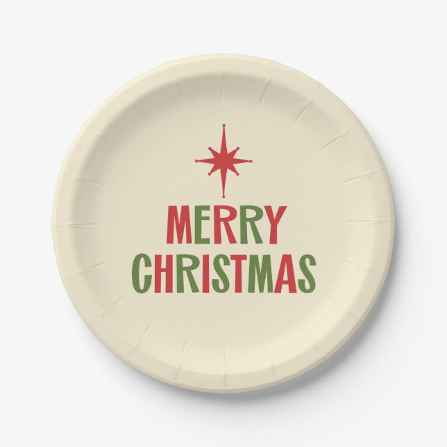Cute Minimalist Retro Midcentury Merry Christmas Paper Plate (Front)