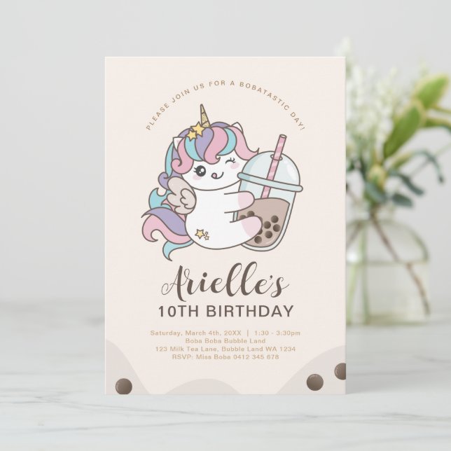 Cute Minimalist Unicorn Boba Bubble Milk Tea Invit Invitation (Standing Front)