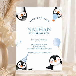 Cute Minimalist Watercolor Penguin Winter Birthday Invitation