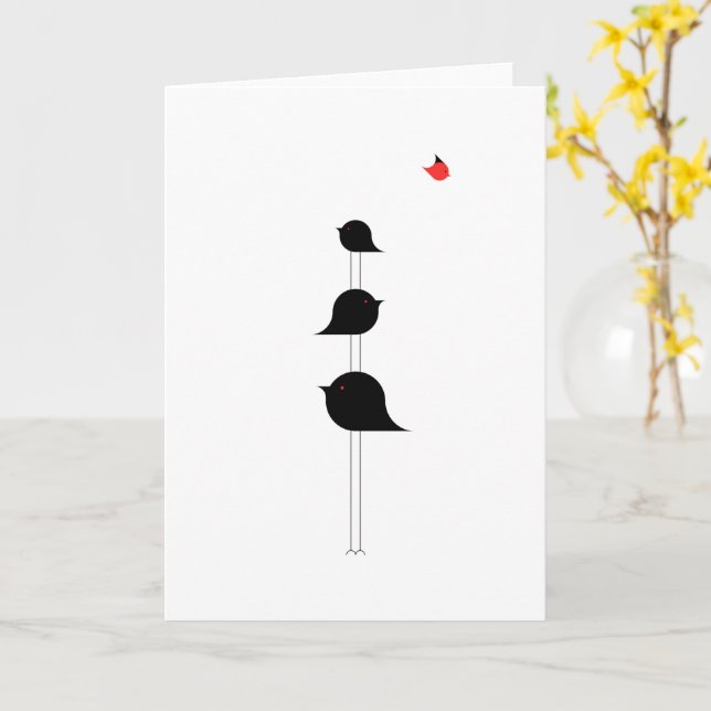 Cute Minimalistic Birds Black Red Drawing Card (Yellow Flower)