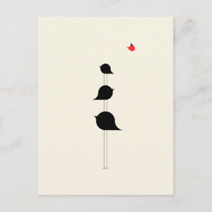 Cute Minimalistic Birds Black Red Drawing Postcard